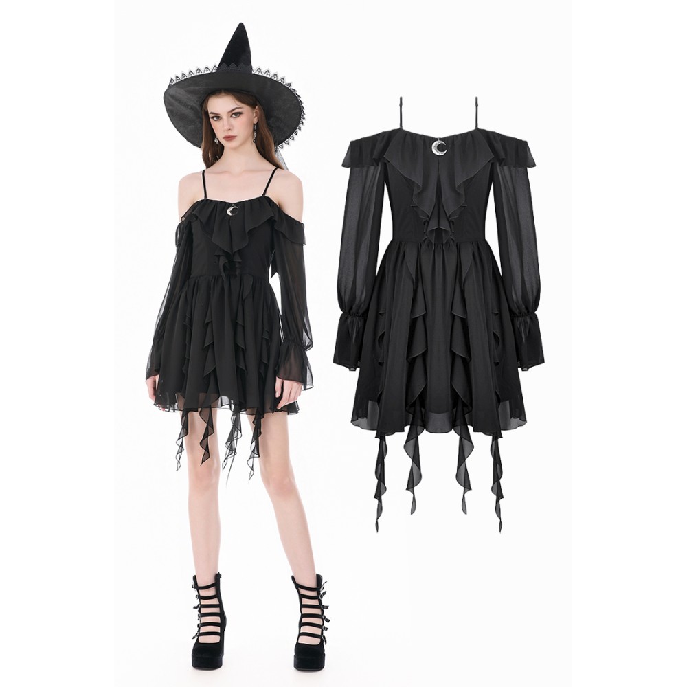 Dark in Love - Chiffon OfftheShoulder with Crescent Moon Charm and Layered Ruffle Hem Short dress - Black